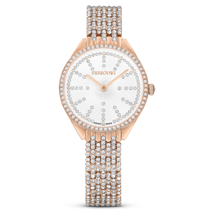 swarovski attract watch  swiss made  metal bracelet  rose gold tone  rose gold tone finish
