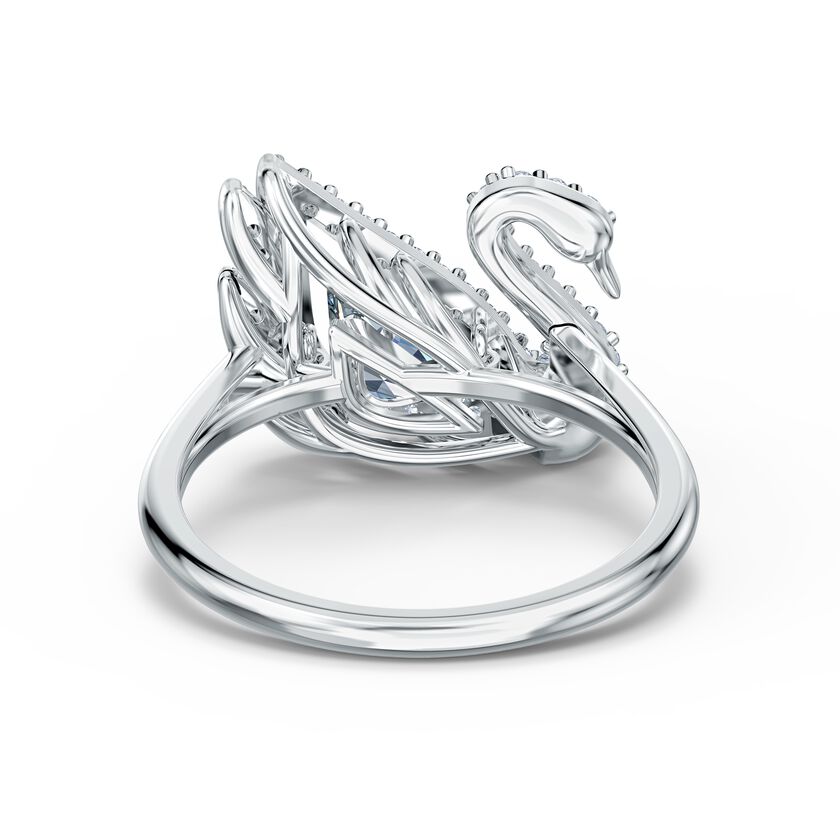 Dancing Swan Ring, White, Rhodium plated