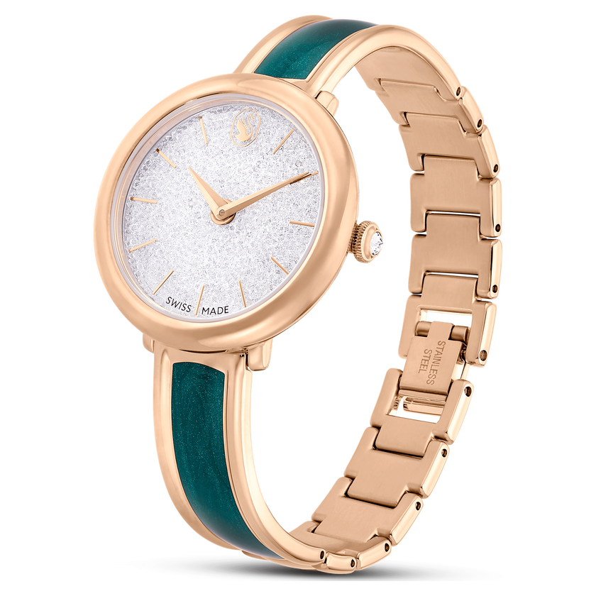 swarovski crystalline bangle watch  swiss made  metal bracelet  green  rose gold tone finish