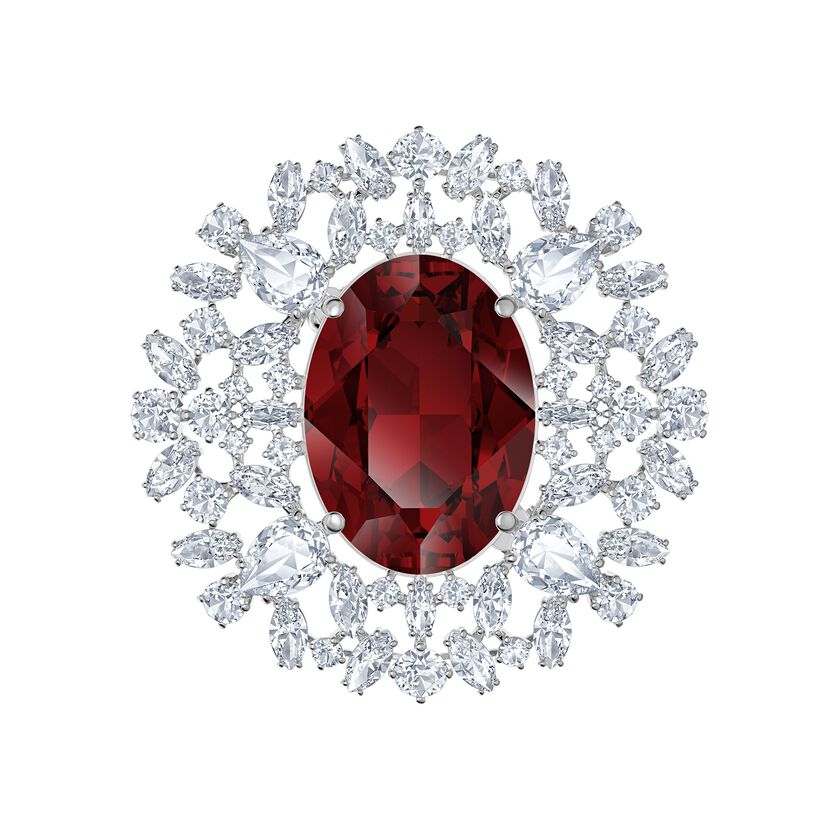 Louison Brooch, Red, Rhodium plated