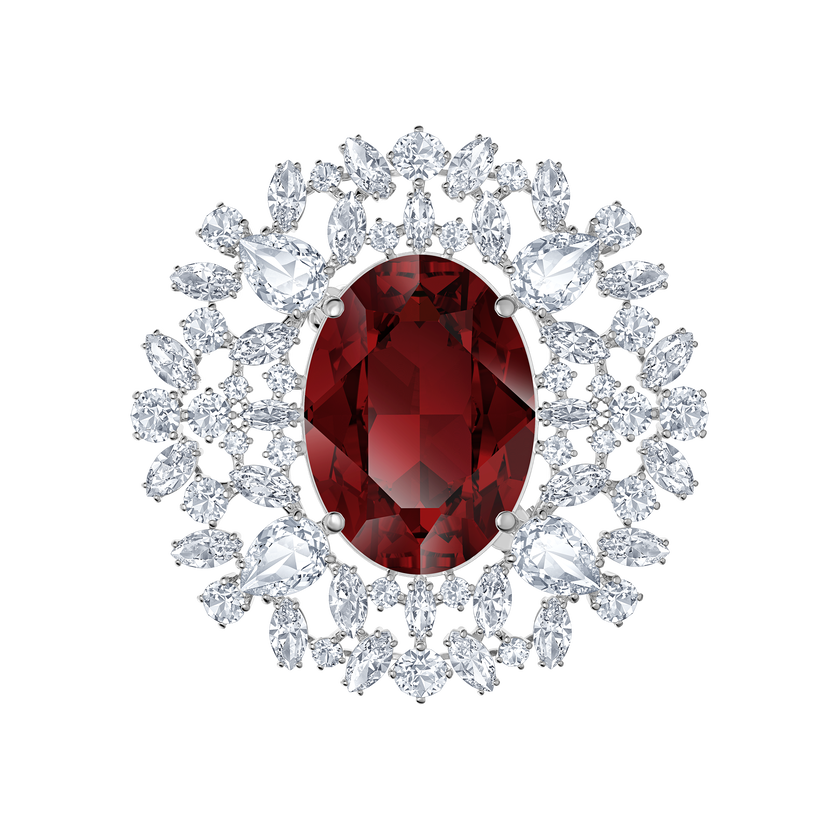 Louison Brooch, Red, Rhodium plated