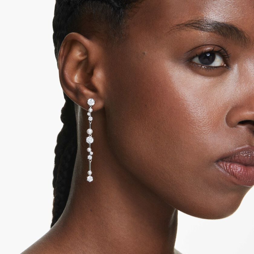 swarovski constella drop earrings  crystal pearl  round cuts  white  rhodium plated
