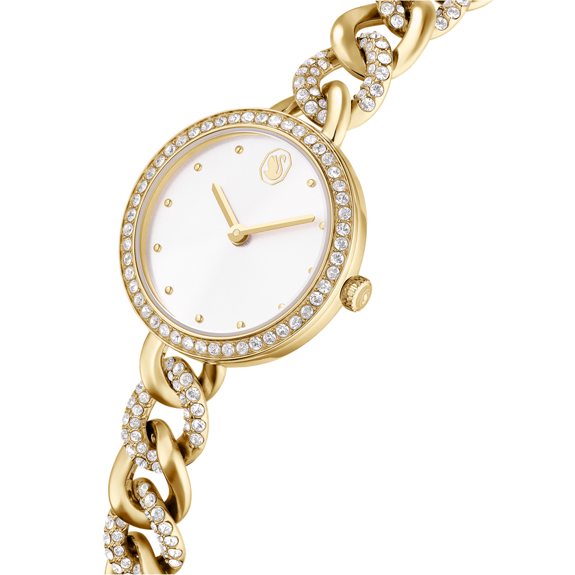 swarovski cocktail round watch  round cut  metal bracelet  gold tone  gold tone finish