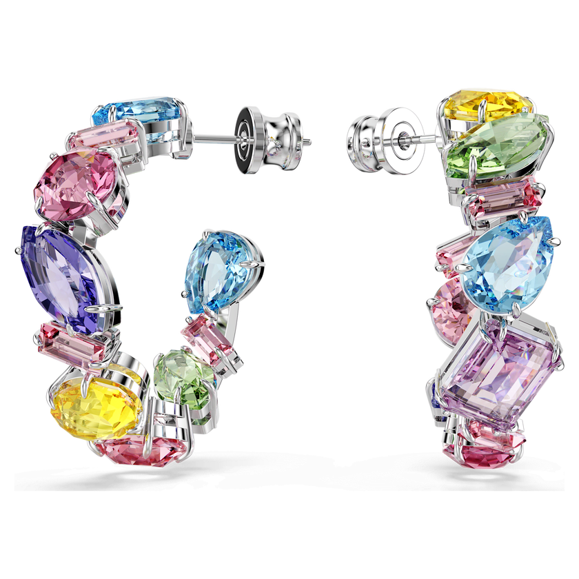 swarovski gema hoop earrings  asymmetrical design  mixed cuts  small  multicolored  rhodium plated
