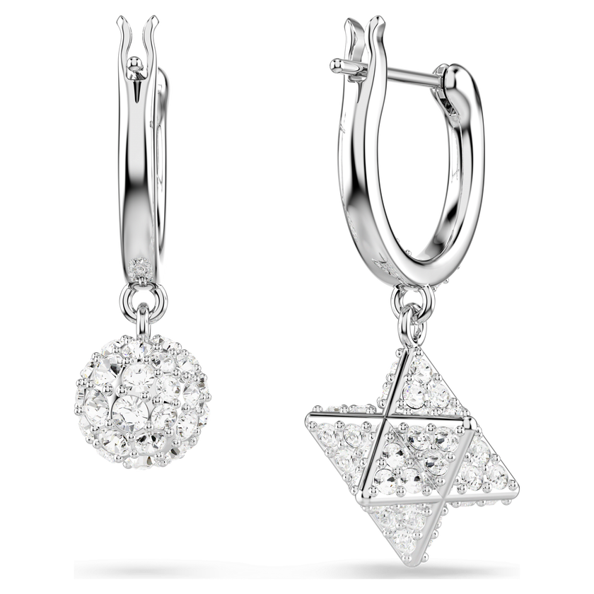 swarovski dextera drop earrings  asymmetrical design  round cut  star and sphere  white  rhodium plated