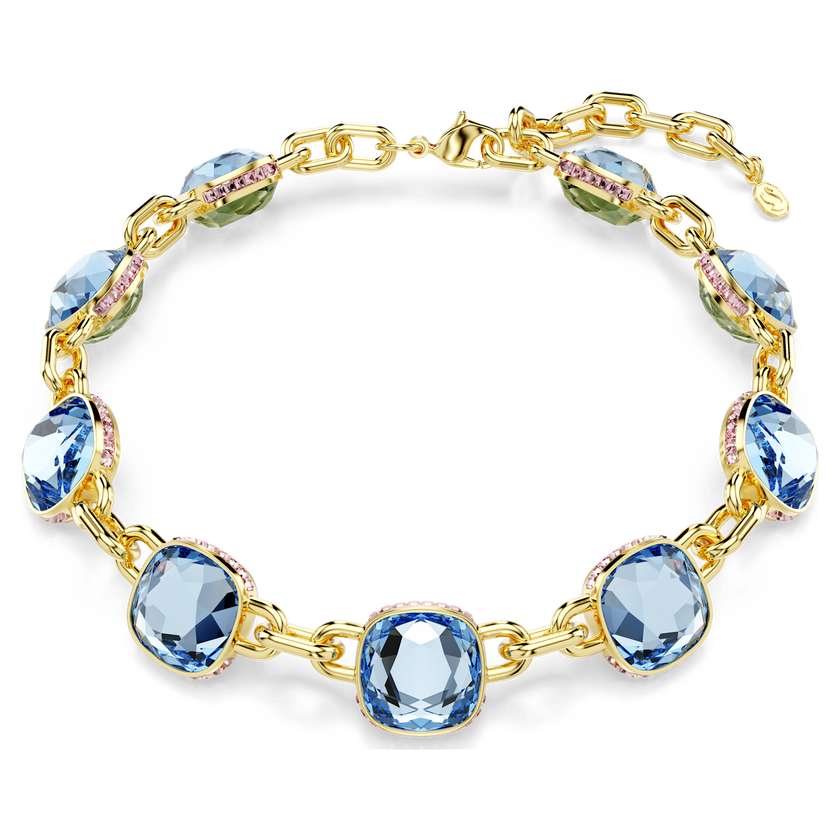 swarovski chroma tennis necklace  cushion cut  blue  gold tone plated