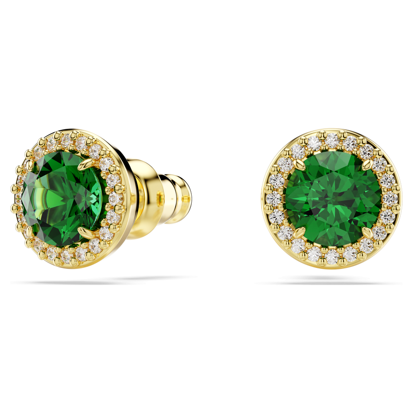 swarovski una stud earrings  round cut  pav   green  gold tone plated