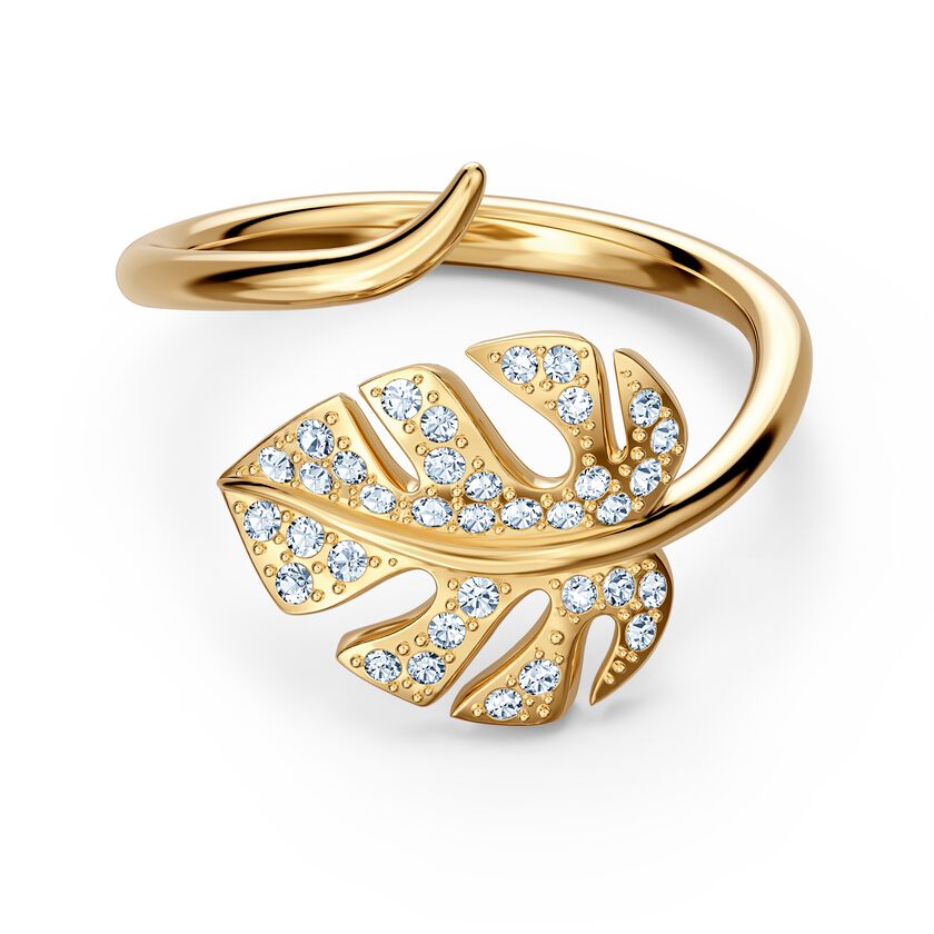 Tropical Leaf Open Ring, White, Gold-tone plated