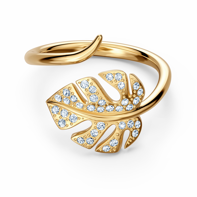 swarovski tropical leaf open ring  white  gold tone plated