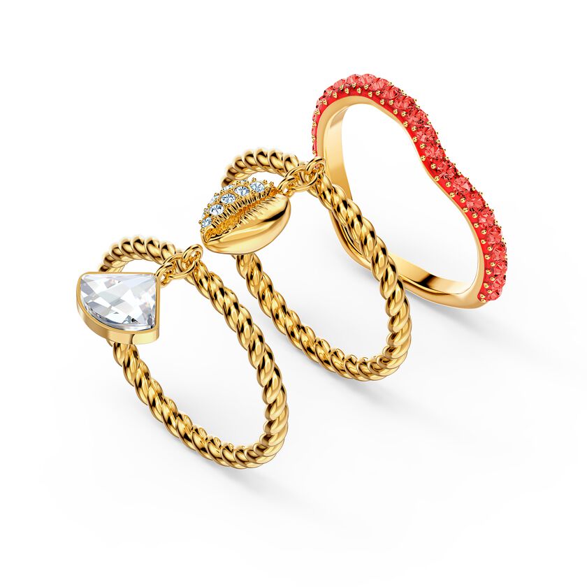Shell Ring Set, Red, Gold-tone plated