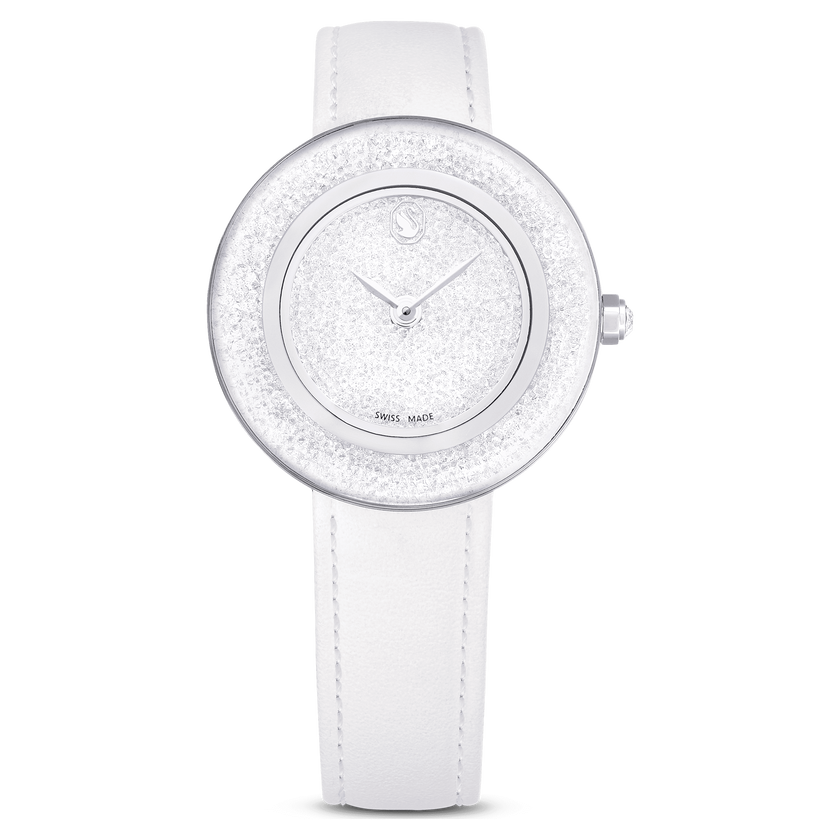 swarovski crystalline lustre watch  swiss made  leather strap  white  stainless steel