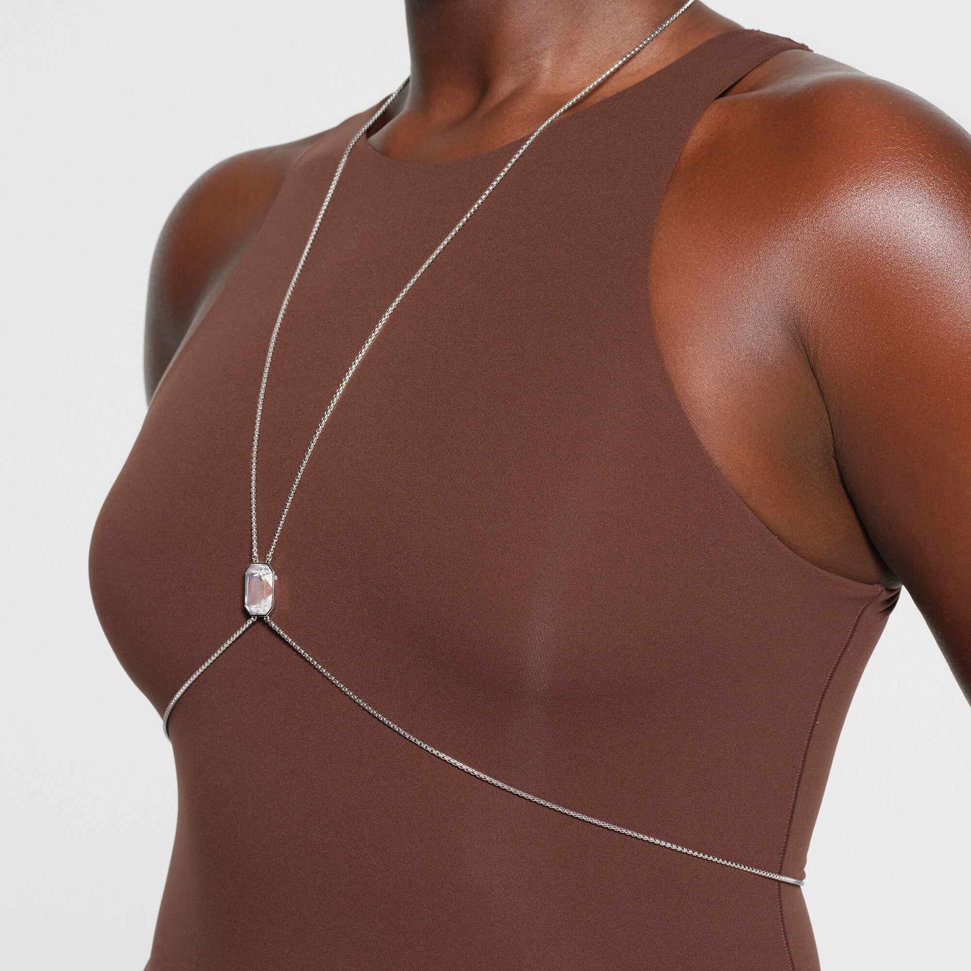 swarovski x skims body chain  octagon cut  box chain  x shape  white  stainless steel
