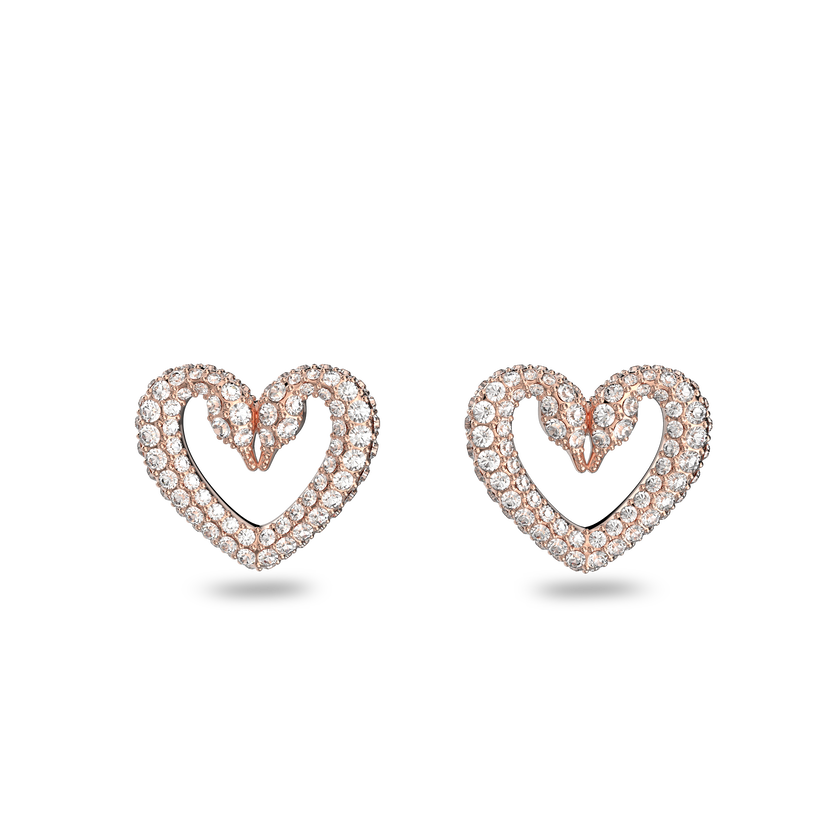 Una stud earrings, Heart, Small, White, Rose-gold tone plated