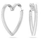 Matrix hoop earrings, Heart, Large, White, Rhodium plated