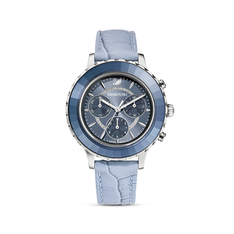 Octea Lux Chrono Watch, Leather strap, Blue, Stainless Steel