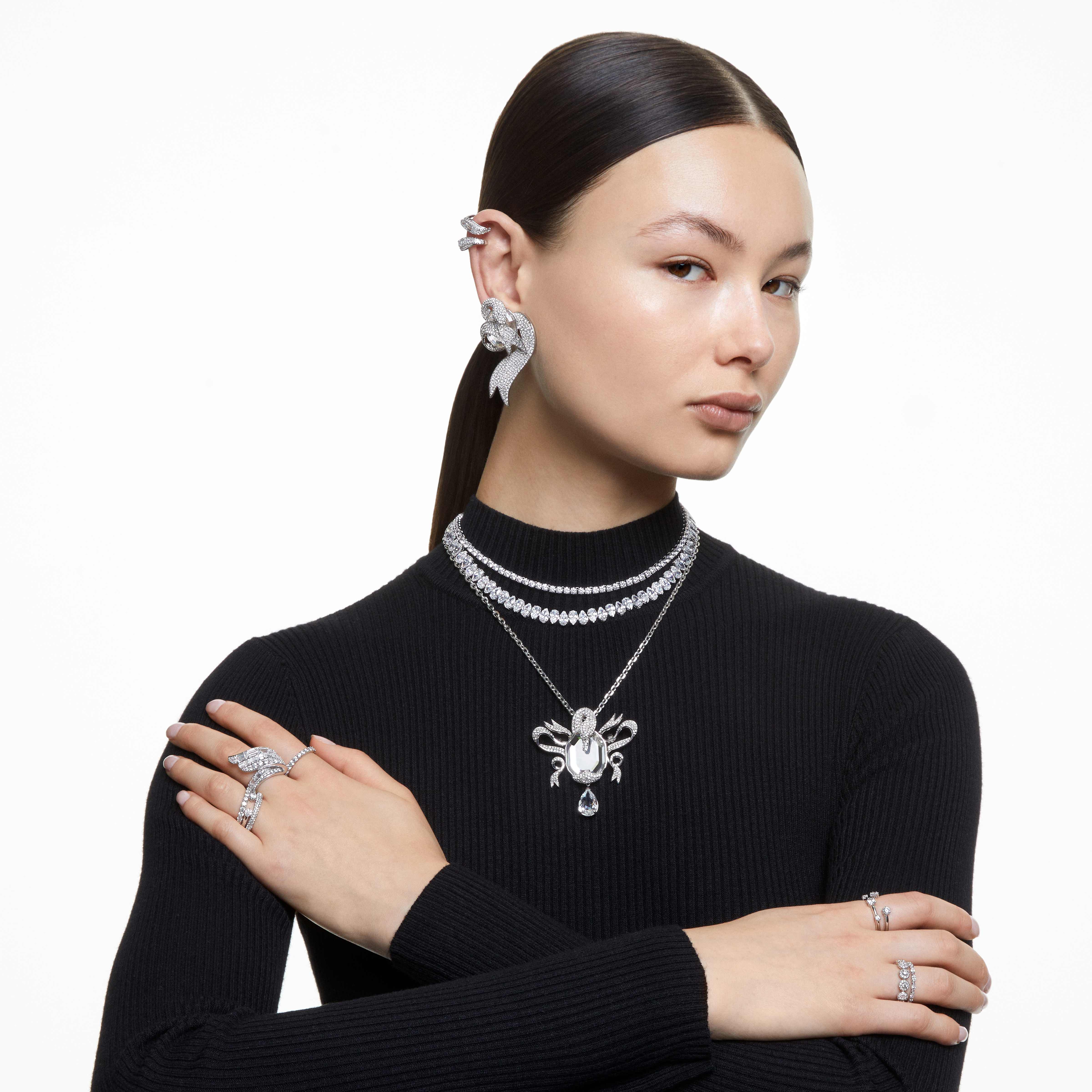 swarovski matrix tennis necklace  round cut  white  rhodium plated