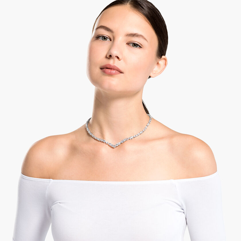 Tennis Deluxe  Mixed V Necklace, White, Rhodium plated