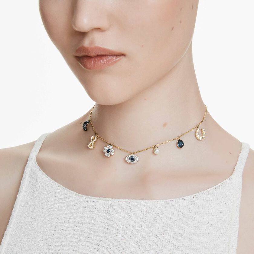 swarovski symbolica choker  moon  infinity  clover  evil eye and horseshoe  blue  gold tone plated